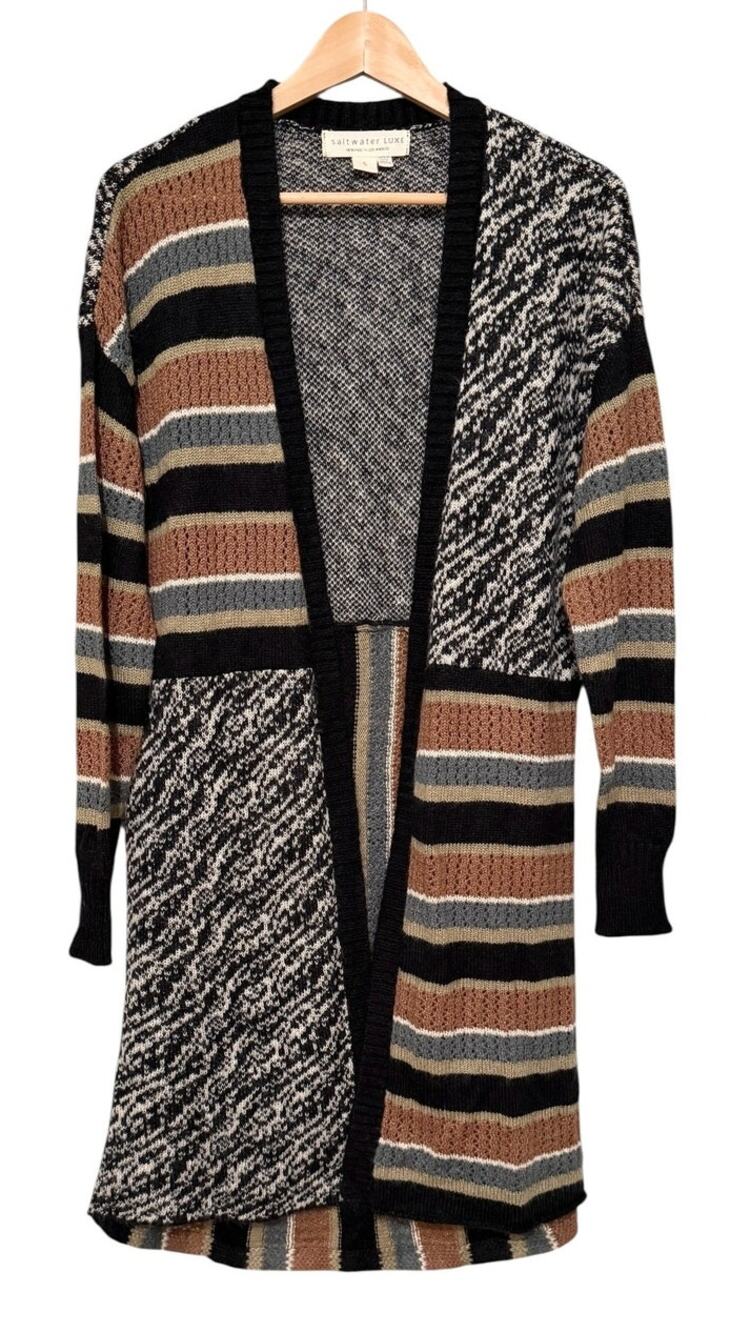 Saltwater Luxe Mixed Pattern Longline Cardigan Boho Duster Sweater S